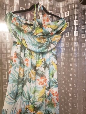 Tropical Parrot Print Maxi Dress - Yellow & Teal Size Medium